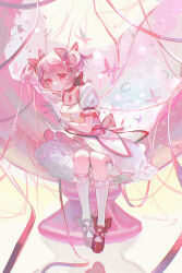  1girl absurdres bow bow_choker bug butterfly choker closed_mouth commentary dress full_body gloves hair_bow highres kaname_madoka kaname_madoka_(magical_girl) leaning_on_object mahou_shoujo_madoka_magica mahou_shoujo_madoka_magica_(anime) multiple_hair_bows pink_butterfly pink_dress pink_eyes pink_hair pink_ribbon puffy_short_sleeves puffy_sleeves red_bow red_choker red_shoes ribbon shoes short_sleeves short_twintails sitting smile socks solo symbol-only_commentary twintails white_gloves white_socks wusubamineko 