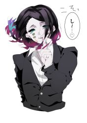  1boy aegyo_sal arm_behind_back asymmetrical_bangs black_hair black_jacket blue_eyes buttons colored_tips cropped_torso demon_boy enmu_(kimetsu_no_yaiba) facial_mark finger_to_mouth floating_hair hand_up heart highres hinshi_(mumunu_enm) index_finger_raised jacket kimetsu_no_yaiba long_sleeves looking_at_viewer male_focus medium_hair multicolored_hair open_collar parted_lips shushing simple_background smile solo speech_bubble spoken_heart straight-on suit_jacket symbol-shaped_pupils tears_facial_mark trap undershirt variant_set white_background 