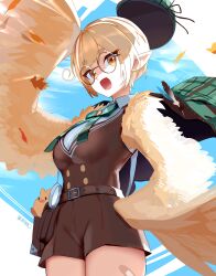  1girl absurdres artist_name belt blonde_hair blue_sky breasts brown_feathers brown_wings character_request commentary_request copyright_request feathers fujiwara_echi glasses harpy hat highres looking_at_viewer magnifying_glass monster_girl open_mouth owl_girl pointy_ears round_eyewear short_hair shorts sky solo unworn_headwear winged_arms wings yellow_eyes yellow_feathers 