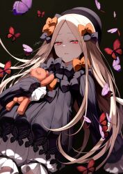  1girl abigail_williams_(fate) black_dress blonde_hair bloomers bow bug butterfly commentary_request dress expressionless fate/grand_order fate_(series) hair_bow hat highres long_hair looking_at_viewer multiple_hair_bows parted_lips red_eyes sleeves_past_fingers sleeves_past_wrists solo stuffed_animal stuffed_toy sumi_(gfgf_045) teddy_bear very_long_hair 