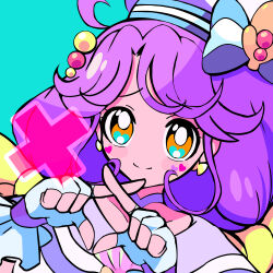 1girl ahoge aqua_background blush_stickers bow bow_earrings bright_pupils brooch choker closed_mouth collarbone commentary cure_coral curly_sidelocks dress earrings facial_mark fingerless_gloves frilled_gloves frills gloves hair_bobbles hair_bow hair_ornament hat hat_ornament heart heart_facial_mark heart_in_eye heart_on_cheek highres jewelry long_hair looking_at_viewer low_twintails magical_girl multi-tied_hair multiple_hair_bows omega_takai orange_eyes portrait precure purple_choker purple_dress purple_hair purple_sailor_collar sailor_collar sailor_hat shell_brooch shell_hat_ornament simple_background smile solo split_mouth suzumura_sango symbol_in_eye tropical-rouge!_precure twintails very_long_hair white_gloves white_hat white_pupils x_(symbol) x_fingers yellow_bow