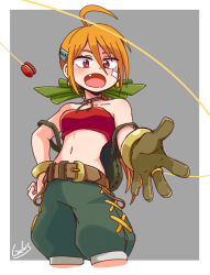  1girl ahoge backpack bag baggy_shorts bandaid bandaid_on_cheek bandaid_on_face bandeau belt bracelet breasts brown_belt commentary_request cowboy_shot earrings fang fantasy_suhakdaejeon galois gloves green_gloves green_shorts hand_on_own_hip highres jewelry kei_(fantasy_suhakdaejeon) korean_commentary medium_breasts orange_hair ponytail red_bandeau red_eyes shorts single_glove solo yo-yo 