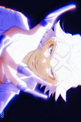  1boy aicya222 black_background blue_eyes blurry chromatic_aberration commentary_request depth_of_field dr._stone earrings facial_mark hair_slicked_back headband jacket jewelry lips looking_at_viewer male_focus parted_lips portrait scar scar_on_face scar_on_forehead short_hair sideways simple_background smile smirk solo teeth twitter_username white_hair xeno_(dr.stone) 