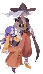  1boy 1girl absurdres black_gloves blue_eyes blue_hair boots bracelet braid brown_boots brown_hat claus_f._lester closed_mouth dress facial_mark fingerless_gloves full_body gloves grey_hair hat highres holding holding_paper_airplane invisible_chair jewelry long_hair milard_rune nancykittyu orange_boots pants paper_airplane ponytail red_pants simple_background sitting smile tales_of_(series) tales_of_phantasia tattoo vest white_background white_wrist_cuffs wide_sleeves wrist_cuffs 