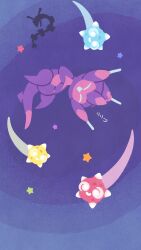  alternate_color colored_skin dragon eastern_dragon flying highres horns minior minior_(blue_core) minior_(core) minior_(red_core) minior_(yellow_core) night no_humans open_mouth poipole pokemon pokemon_(creature) pokemon_usum purple_skin rayquaza ririkopoke sky smile star_(symbol) tail 