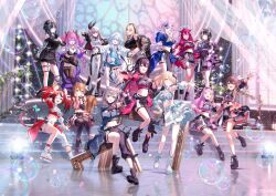 6+girls :d ;d animal_ears asymmetrical_clothes asymmetrical_sleeves ayunda_risu azki_(hololive) black_pants black_shirt black_skirt black_thighhighs boots collared_shirt color-coded commentary_request concert cropped_shirt detached_sleeves full_body hakos_baelz highres himemori_luna hololive hololive_dev_is hololive_english hololive_idol_uniform_(color_rise) hololive_indonesia idol idol_clothes irys_(hololive) isaki_riona isaki_riona_(1st_costume) kazama_iroha kikirara_vivi kikirara_vivi_(1st_costume) koganei_niko koganei_niko_(1st_costume) lace-up_boots long_hair looking_at_viewer medium_hair midriff miniskirt mismatched_sleeves mouse_ears mouse_girl mouse_tail multicolored_shirt multiple_girls natsuiro_matsuri navel official_alternate_costume official_art one_eye_closed open_mouth pants pavolia_reine platform_boots puffy_detached_sleeves puffy_short_sleeves puffy_sleeves rindou_mikoto rindou_mikoto_(1st_costume) shiori_novella shirogane_noel shirt short_sleeves single_detached_sleeve single_pantsleg single_sleeve single_thighhigh skirt smile squirrel_ears squirrel_girl squirrel_tail standing tail thigh-highs ugonba_(howatoro) very_long_hair white_shirt white_skirt 