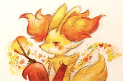 1other brown_eyes closed_mouth commentary_request delphox furry highres holding holding_stick looking_at_viewer other_focus painting_(medium) pokemon pokemon_(creature) simple_background solo star_(symbol) stick traditional_media upper_body watercolor_(medium) white_background yukichi_0611 