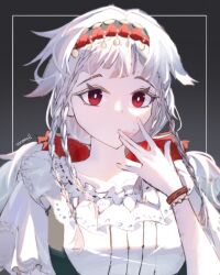  1girl absurdres bright_pupils commentary english_commentary finger_to_mouth gradient_background grey_background hairband hand_up highres inset_border long_hair looking_at_viewer low_twintails outside_border quad_braids red_eyes red_hairband reverse:1999 rubuska shirt solo twintails twitter_username upper_body veren white_hair white_pupils white_shirt 