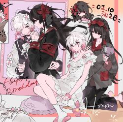  2girls absurdres alternate_costume artist_request beret black_hair black_hat black_pants black_shirt chinese_commentary collared_shirt commentary_request commission dress drying drying_another's_hair drying_hair flower gradient_hair hair_dryer hair_flower hair_ornament happy_birthday hat highres holding holding_hair_dryer interlocked_fingers kneeling long_hair long_sleeves looking_at_another mahou_shoujo_no_majo_saiban multicolored_hair multiple_girls multiple_views nikaido_hiro own_hands_together pajamas pants pillow pink_eyes pink_hair profile red_eyes sakuraba_ema second-party_source ship_name shirt short_hair sitting sleep_mask slippers smile white_dress white_flower white_hair x_hair_ornament 