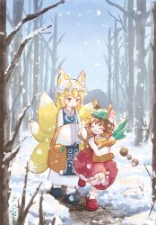  2girls ^_^ animal_ear_fluff animal_ears bag bare_tree blonde_hair blue_shoes blue_sky blue_tabard brown_bag brown_hair cat_ears cat_girl cat_tail chen closed_eyes collar commentary_request crossed_bangs double-parted_bangs dress earrings floating_hair fog fox_girl fox_tail frilled_collar frilled_skirt frills green_hat groceries grocery_bag hands_in_opposite_sleeves hat highres holding holding_bag jewelry long_sleeves mob_cap molmaron multiple_girls multiple_tails ofuda open_mouth outdoors purple_collar purple_trim red_shoes red_skirt red_vest shirt shoes shopping_bag short_hair single_earring skirt sky smile snow socks tabard tail touhou tree vest walking white_dress white_hat white_shirt white_socks wide_sleeves winter yakumo_ran yellow_eyes 