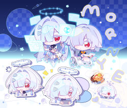  +_+ ... 1girl book character_name chibi chibi_only chinese_commentary colored_eyelashes commentary_request earrings food grey_hair hair_intakes hair_ornament hair_over_one_eye halo hand_up highres holding holding_book holding_tablet_pc jacket jewelry loading_icon long_hair looking_at_viewer mornye_(wuthering_waves) open_book red_eyes solo spoken_ellipsis tablet_pc thinking triangle_earrings wheelchair white_jacket wuthering_waves zoookiiiii 