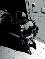  03_kyv 1boy artist_name black_boots black_jacket boots floating_scarf from_above from_behind grey_pants greyscale highres jacket lighter_(zenless_zone_zero) male_focus monochrome pants scarf shadow short_hair shoulder_spikes solo spiked_jacket spikes standing zenless_zone_zero 