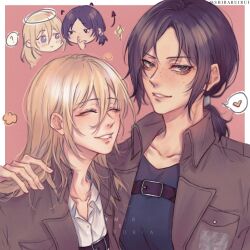  2girls ? arm_around_shoulder black_shirt blonde_hair blue_eyes blush border breasts brown_eyes brown_jacket chibi chibi_inset closed_eyes collared_shirt demon_horns demon_tail drawn_halo drawn_horns drawn_tail freckles hair_between_eyes halo heart highres horns jacket krista_lenz long_hair looking_at_viewer low_ponytail medium_breasts medium_hair military_jacket multiple_girls parted_bangs parted_lips pink_background ponytail puckered_lips shibaruirui shingeki_no_kyojin shirt smile spoken_heart spoken_question_mark tail twitter_username upper_body white_border white_shirt ymir_(shingeki_no_kyojin) yuri 