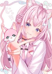  1girl animal_ear_fluff animal_ears antenna_hair blush closed_mouth coat collared_shirt commentary_request hakui_koyori hakui_koyori_(1st_costume) highres hololive kokoro_(hakui_koyori) lab_coat long_hair looking_at_viewer nail_polish necktie pink_hair pink_nails pink_necktie shirt smile solo v violet_eyes virtual_youtuber white_coat white_shirt wolf_ears wolf_girl yokuto 