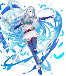  1girl armor azura_(fire_emblem) azura_(lady_of_the_sky)_(fire_emblem) blue_boots blue_gloves blue_hair blush boots breastplate breasts dress elbow_gloves fighting_stance fingerless_gloves fire_emblem fire_emblem_fates fire_emblem_heroes full_body gloves hair_between_eyes heart highres holding holding_polearm holding_weapon lance long_hair looking_at_viewer non-web_source official_alternate_costume official_art open_mouth polearm saine short_sleeves shoulder_armor simple_background smile solo sparkle thigh_boots thigh_strap veil very_long_hair water weapon white_background white_dress yellow_eyes 