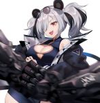  1girl :d absurdres animal_ears arknights black_hair breasts chinese_commentary cleavage_cutout commentary ei1han eyewear_on_head fang feater_(arknights) gauntlets grey_hair hair_over_one_eye highres jacket large_breasts looking_at_viewer multicolored_hair open_clothes open_jacket open_mouth panda_ears red_eyes simple_background smile solo sunglasses twintails two-tone_hair upper_body white_background 