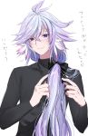  1boy ahoge ahoge_wag bangs black_ribbon black_shirt expressive_hair fate/grand_order fate_(series) hair_between_eyes hair_ribbon highres lavender_hair long_hair long_sleeves looking_at_viewer male_focus merlin_(fate) nipi27 ribbon shirt sidelocks simple_background smile solo tied_hair translation_request turtleneck very_long_hair violet_eyes white_background 