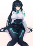  1girl absurdres aqua_eyes black_bodysuit black_hair blush bodysuit bodysuit_under_clothes breasts closed_mouth covered_navel covered_nipples gundam gundam_build_divers gundam_build_divers_re:rise highres large_breasts long_hair looking_at_viewer may_(gundam_build_divers_re:rise) shiny shiny_clothes shiny_hair shiny_skin shrug_(clothing) sitting solo ume_tetu 