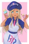  1girl :d alternate_costume amai_nekuta apron aqua_eyes bangs baskin-robbins blonde_hair blue_headwear blue_shirt blush cabbie_hat cashier collared_shirt dark_skin dot_nose eyebrows_visible_through_hair food hat holding holding_food ice_cream ice_cream_cone idolmaster idolmaster_cinderella_girls layla_(idolmaster) leaning_to_the_side long_hair looking_at_viewer name_tag necktie open_mouth pink_background pink_neckwear sash shirt short_sleeves smile solo striped_apron swept_bangs tareme 