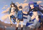  3girls ahoge anklet armlet armored_boots artoria_pendragon_(all) asymmetrical_legwear asymmetrical_sleeves bangs baseball_cap bikini black_hair black_headwear black_shorts blonde_hair blue_eyes blue_jacket blue_ribbon blue_scarf boots bridal_gauntlets cross_(crossryou) crotch_plate crown detached_collar earrings elbow_gloves excalibur fate/extra fate/extra_ccc fate/grand_order fate_(series) gloves greaves green_eyes hair_through_headwear hat heavenly_boat_maanna highres holding holding_sword holding_weapon hoop_earrings ishtar_(fate)_(all) ishtar_(fate/grand_order) jacket jewelry meltryllis mismatched_bikini multiple_girls mysterious_heroine_x navel neck_ring open_track_jacket parted_bangs prosthesis prosthetic_leg purple_hair red_eyes revealing_clothes ribbon scarf shorts single_elbow_glove single_sleeve single_thighhigh sleeves_past_fingers sleeves_past_wrists swimsuit sword thigh-highs tiara toeless_legwear track_jacket weapon 