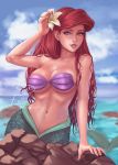  1girl ariel_(disney) artist_request bare_shoulders breasts commentary disney english_commentary highres lips long_hair looking_at_viewer mermaid mole mole_above_mouth monster_girl navel ocean redhead rock shell shell_bikini solo the_little_mermaid violet_eyes water wet 