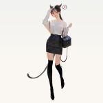  1girl ;) absurdres animal_ears bag bangs black_skirt brown_eyes brown_hair cat_ears cat_girl cat_tail closed_mouth copyright_request handbag highres lipstick long_sleeves looking_at_viewer makeup miniskirt one_eye_closed shirt shoes simple_background skirt sleeves_past_wrists smile spoken_paw tail thigh-highs white_background white_shirt wonbin_lee 