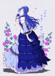  1girl aoi_bara_hime_no_yarinaoshi_kakumeiki bare_shoulders beads blue_dress blue_eyes blue_flower blue_hair blue_rose braid braided_bun breasts character_name character_request copyright_name detached_sleeves dress floral_background flower frilled_dress frills full_body fur_trim futaba_hazuki gloves gradient_eyes grey_background hair_beads hair_ornament half_updo highres holding holding_flower long_hair looking_at_viewer looking_back medium_breasts multicolored multicolored_eyes petals pink_flower pink_rose rose shadow solo standing surprised violet_eyes white_gloves 