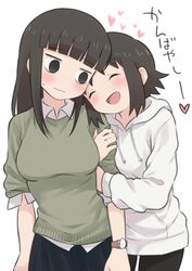  2girls arm_hug bernard-jou_iwaku. black_eyes black_hair blush cardigan closed_eyes hood hoodie kanbayashi_shiori long_hair machida_sawako meis_(terameisu) multiple_girls short_hair sweatdrop translated watch watch white_background yuri 