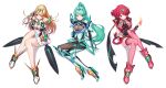  3girls absurdres bangs bare_shoulders black_gloves blonde_hair breasts chest_jewel cleavage_cutout covered_navel dress elbow_gloves fingerless_gloves fire from_above gem gloves green322 green_eyes green_hair green_legwear hair_ornament headpiece high_heels highres mythra_(xenoblade) pyra_(xenoblade) large_breasts long_hair medium_hair multiple_girls neon_trim pink_footwear pink_legwear pleated_dress pneuma_(xenoblade) ponytail red_eyes red_shorts redhead see-through shorts shoulder_armor simple_background sitting swept_bangs thigh-highs tiara very_long_hair white_dress white_gloves xenoblade_(series) xenoblade_2 yellow_eyes 