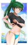  1girl absurdres bangs bikini bikini_bottom blue_sky blush breasts clouds cloudy_sky collarbone commentary_request earrings fire_emblem fire_emblem:_the_blazing_blade green_eyes green_hair highres jewelry lips long_hair looking_at_viewer lyn_(fire_emblem) medium_breasts navel ormille ponytail see-through shiny shiny_hair shiny_skin side-tie_bikini sky solo sparkle stomach sweat swimsuit thighs tied_hair water water_drop wet wet_clothes 