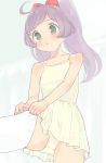  1girl adjusting_clothes adjusting_legwear bangs blush bow commentary_request cowboy_shot green_eyes hair_bow highres hyakumangoku_masurao leotard long_hair looking_down manaka_lala open_mouth pretty_(series) pripara purple_hair simple_background solo thigh-highs white_legwear white_leotard 