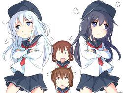  4girls akatsuki_(kantai_collection) anchor_symbol black_eyes black_headwear black_sailor_collar black_skirt blue_eyes brown_hair commentary_request crossed_arms flat_cap folded_ponytail hat hibiki_(kantai_collection) ikazuchi_(kantai_collection) inazuma_(kantai_collection) kantai_collection long_hair multiple_girls neckerchief okitarou_(okiyo) pleated_skirt pout red_neckwear sailor_collar school_uniform serafuku short_hair silver_hair simple_background skirt violet_eyes white_background 