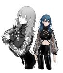  1girl alternate_costume black_pants black_shirt blue_eyes blue_hair breast_hold breasts byleth_(fire_emblem) byleth_eisner_(female) closed_mouth clovisxvii commentary contrapposto cowboy_shot crop_top expressionless fire_emblem fire_emblem:_three_houses greyscale hair_between_eyes highres large_breasts leather leather_pants lips long_hair long_sleeves looking_at_viewer midriff monochrome multiple_views navel o-ring o-ring_top pants partially_colored see-through_sleeves shiny shiny_clothes shirt simple_background strap sweatdrop turtleneck white_background 