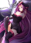  1girl absurdres black_dress black_footwear boots breasts collar collarbone detached_sleeves dress facial_mark fate/grand_order fate/stay_night fate_(series) forehead_mark high_heel_boots high_heels highres large_breasts long_hair nameless_dagger purple_hair rider short_dress solo square_pupils thigh-highs thigh_boots very_long_hair vilde_loh_hocen violet_eyes 