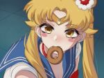  1girl bishoujo_senshi_sailor_moon blonde_hair blue_sailor_collar blush_stickers breasts choker commentary_request cosplay crescent crescent_earrings derivative_work diadem doughnut earrings eyebrows_visible_through_hair food hair_bun highres jewelry long_hair monogatari_(series) mouth_hold oshino_shinobu red_choker sailor_collar sailor_moon sailor_moon_(cosplay) sailor_moon_redraw_challenge sailor_senshi_uniform screencap_redraw solo twintails upper_body yado_sakura yellow_eyes 