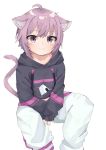  1girl :3 absurdres ahoge animal_ear_fluff animal_ears bangs black_hoodie blush breasts cat_ears cat_girl cat_tail closed_mouth drawstring eyebrows_visible_through_hair hair_between_eyes highres hololive hood hood_down hoodie long_sleeves looking_at_viewer midriff nekomata_okayu pants purple_hair sasakungoodsize short_hair simple_background sitting sleeves_past_wrists smile solo tail tail_raised violet_eyes virtual_youtuber white_background white_pants 