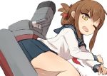  alchera blue_sailor_collar blue_skirt brown_eyes brown_hair cowboy_shot folded_ponytail inazuma_(kantai_collection) kantai_collection long_hair long_sleeves lying machinery neckerchief on_side one_eye_closed pleated_skirt red_neckwear sailor_collar school_uniform serafuku shirt simple_background skirt smokestack twitter_username white_background white_shirt 