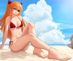  1girl anklet beach bikini blue_eyes blue_sky day eyepatch front-tie_bikini front-tie_top hair_between_eyes highres jewelry long_hair neon_genesis_evangelion ocean orange_hair outdoors rebuild_of_evangelion red_bikini shikinami_asuka_langley side-tie_bikini sitting sky solo souryuu_asuka_langley swimsuit toe_ring two_side_up zaphn 