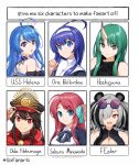  6+girls absurdres arknights azur_lane bangs blue_eyes blue_hair bow brown_eyes copyright_request cowlick earrings english_commentary eyebrows_visible_through_hair eyewear_on_head feater_(arknights) green_hair hair_bow headband helena_(azur_lane) highres horn hoshiguma_(arknights) jewelry minamoto_sakura mouhantain multiple_girls oda_nobunaga orie_(under_night_in-birth) red_eyes redhead six_fanarts_challenge sunglasses under_night_in-birth v-shaped_eyebrows violet_eyes white_headband zombie zombie_land_saga 