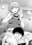  1boy 1girl asphyxiation blurry blurry_background bob_cut casual controller couch eyebrows_visible_through_hair faceless faceless_male game_controller gentsuki greyscale hands_on_thighs headlock highres monochrome off_shoulder open_mouth original playing_games short_hair short_shorts shorts sitting strangling 