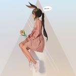  1girl abstract_background amiya_(arknights) animal_ears arknights blue_eyes brown_hair bunny_girl closed_mouth dress english_text flower leaf looking_away pink_dress plant rabbit_ears shoes simple_background sitting sneakers solo wonbin_lee 