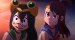  2girls alternate_costume asui_tsuyu black_eyes black_hair boku_no_hero_academia breasts brown_hair choker collarbone hair_between_eyes heart highres kagari_atsuko little_witch_academia long_hair looking_at_viewer multiple_girls red_choker red_eyes sailor_moon sailor_moon_redraw_challenge shirt short_sleeves upper_teeth white_shirt 