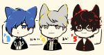  3boys :&lt; :3 amamiya_ren animal_ears bangs black_eyes black_hair blue_eyes blue_hair cat_ears chibi closed_mouth copyright_name glasses grey_eyes grey_hair limited_palette male_focus multiple_boys narukami_yuu persona persona_3 persona_4 persona_5 school_uniform upper_body yasuu! yuuki_makoto 