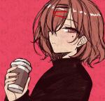  1girl absurdres black_hoodie blush brown_hair closed_mouth coffee_cup cup disposable_cup from_side hair_ornament highres higuchi_madoka holding holding_cup idolmaster idolmaster_shiny_colors looking_at_viewer mole mole_under_eye red_background short_hair simple_background sketch solo upper_body violet_eyes yunodon_(sugar_maple) 