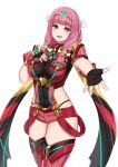  1girl :d absurdres bangs black_gloves blunt_bangs blush breasts covered_navel cowboy_shot fingerless_gloves fire_emblem fire_emblem_fates gem gloves hand_on_own_chest highleg highleg_leotard highres pyra_(xenoblade) impossible_clothes impossible_leotard kanta_(kanta_077) large_breasts leotard long_hair mitama_(fire_emblem) multicolored multicolored_clothes neon_trim open_mouth outstretched_arm pink_eyes pink_hair red_legwear red_shorts short_shorts shorts shoulder_armor smile solo spread_fingers thigh-highs tiara transparent_background wrist_guards xenoblade_(series) xenoblade_2 