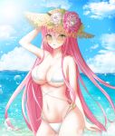  1girl absurdres arm_up azur_lane bare_shoulders bikini blue_sky breasts bubble chanel clouds day flower green_eyes groin hair_between_eyes hat hat_flower highleg highleg_bikini highres horns huge_filesize kuma_9180 large_breasts long_hair looking_at_viewer navel ocean open_mouth pink_hair sky solo sparkle standing straw_hat sunglasses sunlight surcouf_(azur_lane) swimsuit under_boob white_bikini 