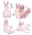 brown_fur charamells commentary creature eevee english_commentary full_body no_humans pink_fur pokemon pokemon_(creature) simple_background sylveon white_background
