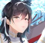  1girl animal_ears artist_request atago_(azur_lane) azur_lane brown_hair eyebrows_visible_through_hair hair_between_eyes hair_ribbon highres lips long_hair looking_at_viewer ribbon rigging turret water waves white_ribbon yellow_eyes 