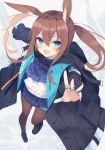  1girl :d amiya_(arknights) animal_ears arknights ascot black_jacket blue_eyes blue_skirt brown_hair brown_legwear foreshortening from_above hair_between_eyes hood hood_down hooded_jacket jacket jewelry long_hair long_sleeves looking_at_viewer miniskirt multiple_rings nibiiro_shizuka open_clothes open_jacket open_mouth pantyhose pleated_skirt ponytail rabbit_ears ring shirt shoes skirt smile solo white_background white_shirt 