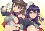  2girls :d azur_lane back-to-back bangs beret black_capelet blue_eyes blue_headwear blue_skirt blush breasts brown_hair buttons capelet chestnut_mouth collared_shirt commentary_request crop_top crossed_bangs eyebrows_visible_through_hair fang gloves grey_shirt hair_between_eyes hair_ribbon hairband hand_up hat heterochromia highleg highleg_panties highres iron_cross long_hair long_sleeves looking_at_viewer medium_breasts medium_hair midriff mimiko_(fuji_310) multiple_girls navel one_side_up open_mouth panties pink_hairband pink_ribbon purple_hair red_eyes ribbon shirt shoulder_cutout sideboob sidelocks simple_background skirt smile standing strapless tubetop under_boob underwear upper_body upper_teeth v violet_eyes white_background white_gloves white_headwear white_panties wrist_cuffs yellow_background z35_(azur_lane) z36_(azur_lane) 